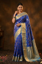 Royal Blue Semi Kanjivaram Saree with Checkered Weave & Turquoise Border