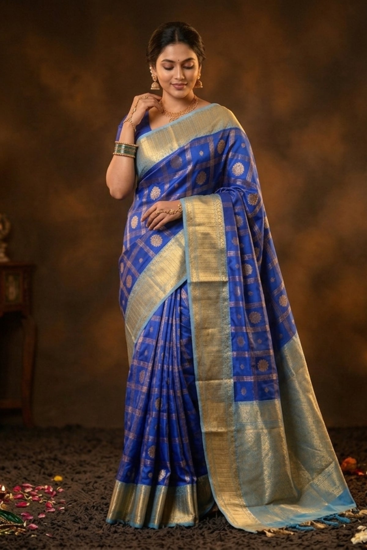 Royal Blue Semi Kanjivaram Saree with Checkered Weave & Turquoise Border