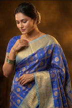 Royal Blue Semi Kanjivaram Saree with Checkered Weave & Turquoise Border