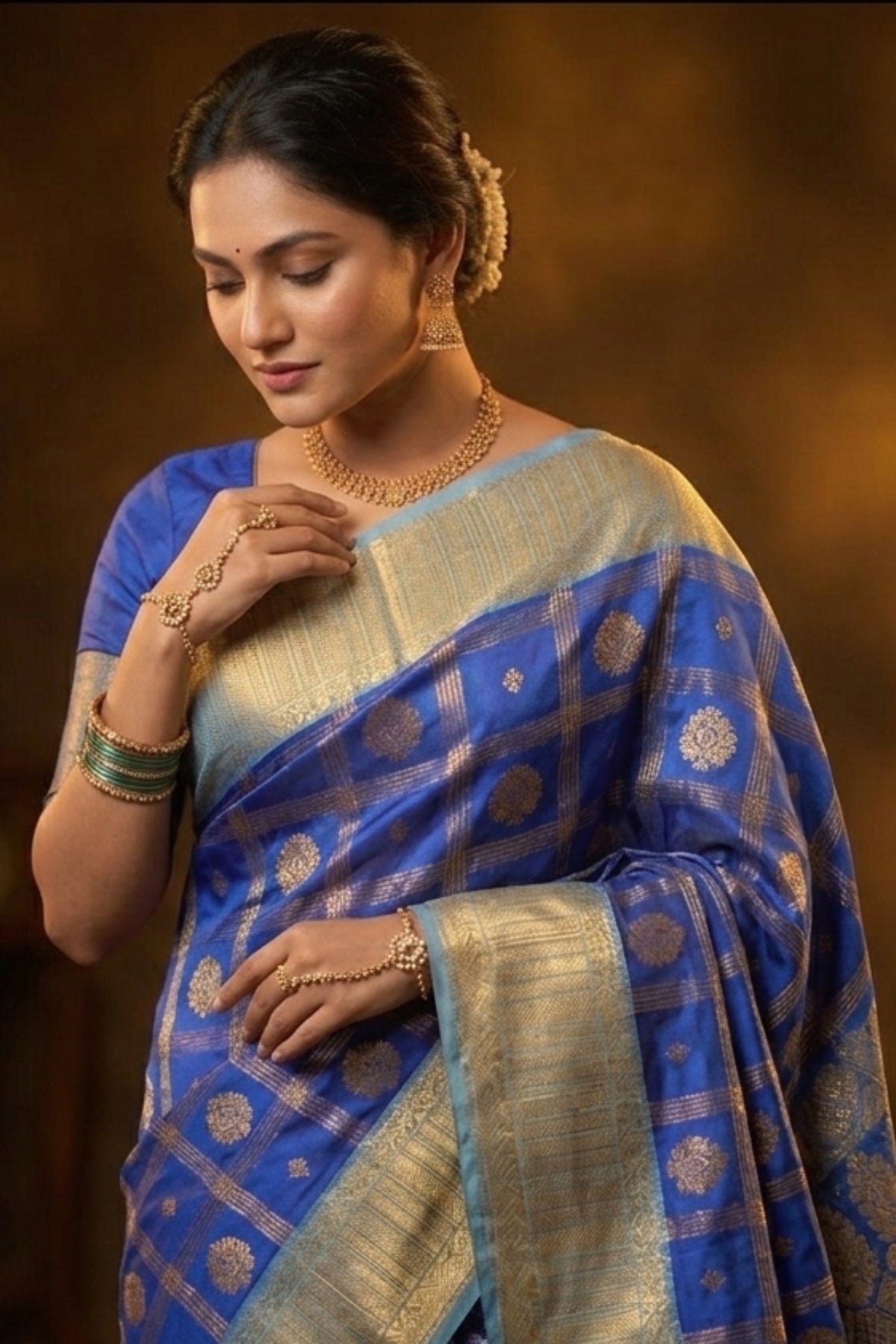 Royal Blue Semi Kanjivaram Saree with Checkered Weave & Turquoise Border
