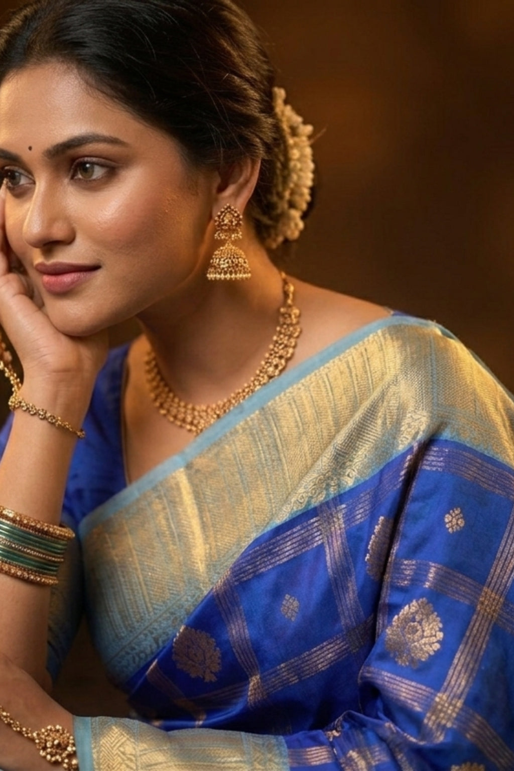 Royal Blue Semi Kanjivaram Saree with Checkered Weave & Turquoise Border