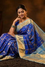 Royal Blue Semi Kanjivaram Saree with Checkered Weave & Turquoise Border