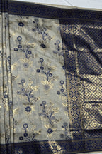 Grey Berlin Cotton Silk Saree with Navy-Gold Floral Weave & Zari Border