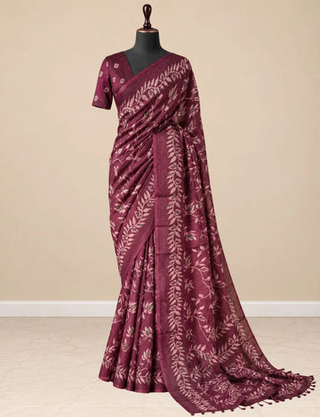 Chanderi Cotton Saree - Wine with Pink Leaf & Vine Motifs
