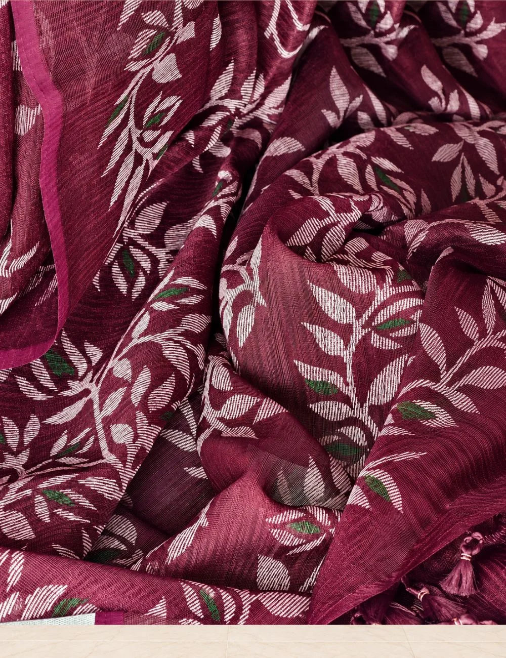 Chanderi Cotton Saree - Wine with Pink Leaf & Vine Motifs