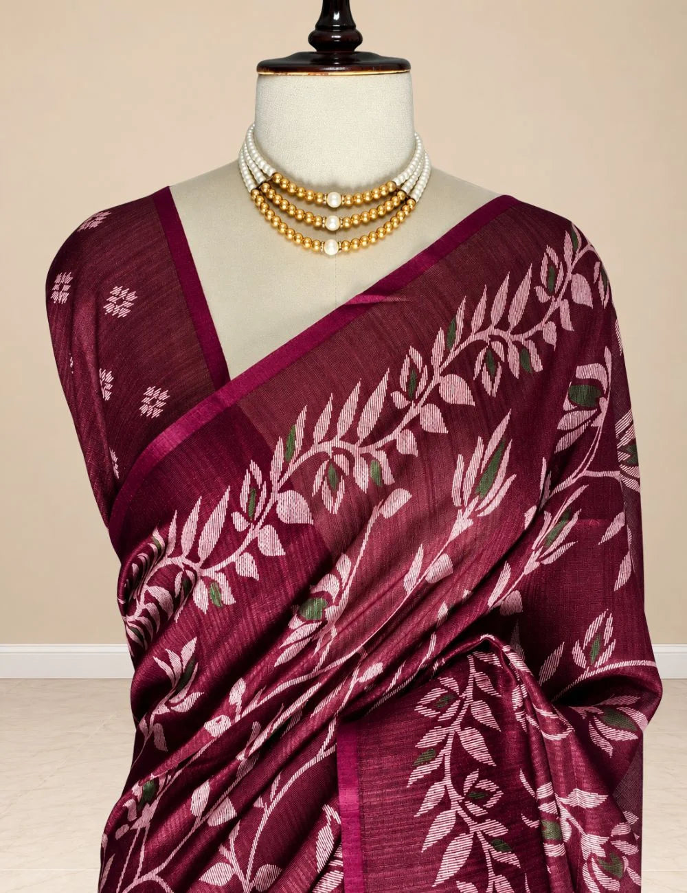 Chanderi Cotton Saree - Wine with Pink Leaf & Vine Motifs