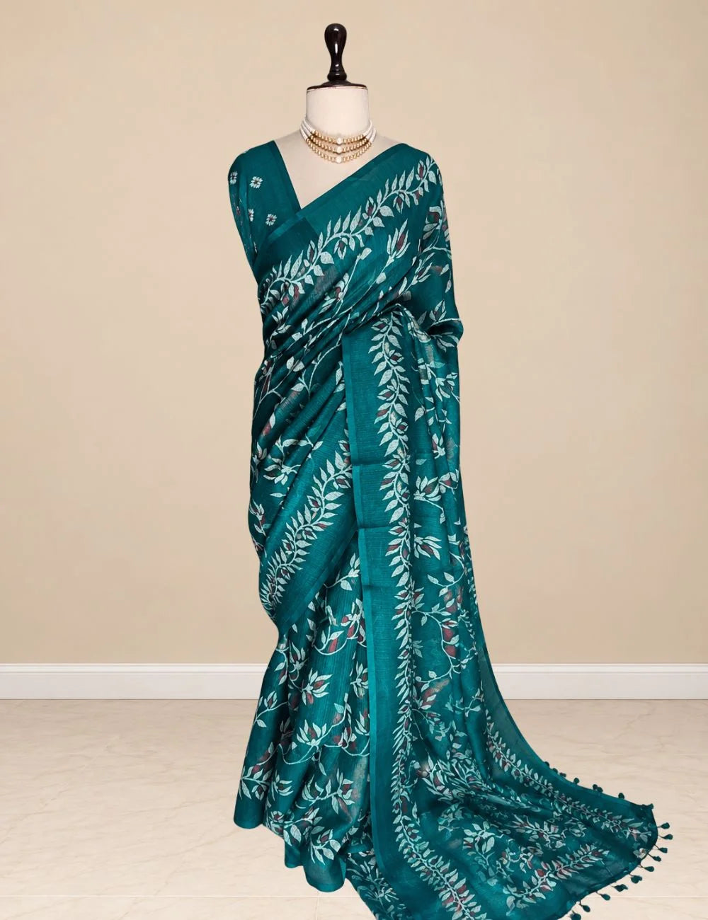 Chanderi Cotton Saree - Wine with Pink Leaf & Vine Motifs