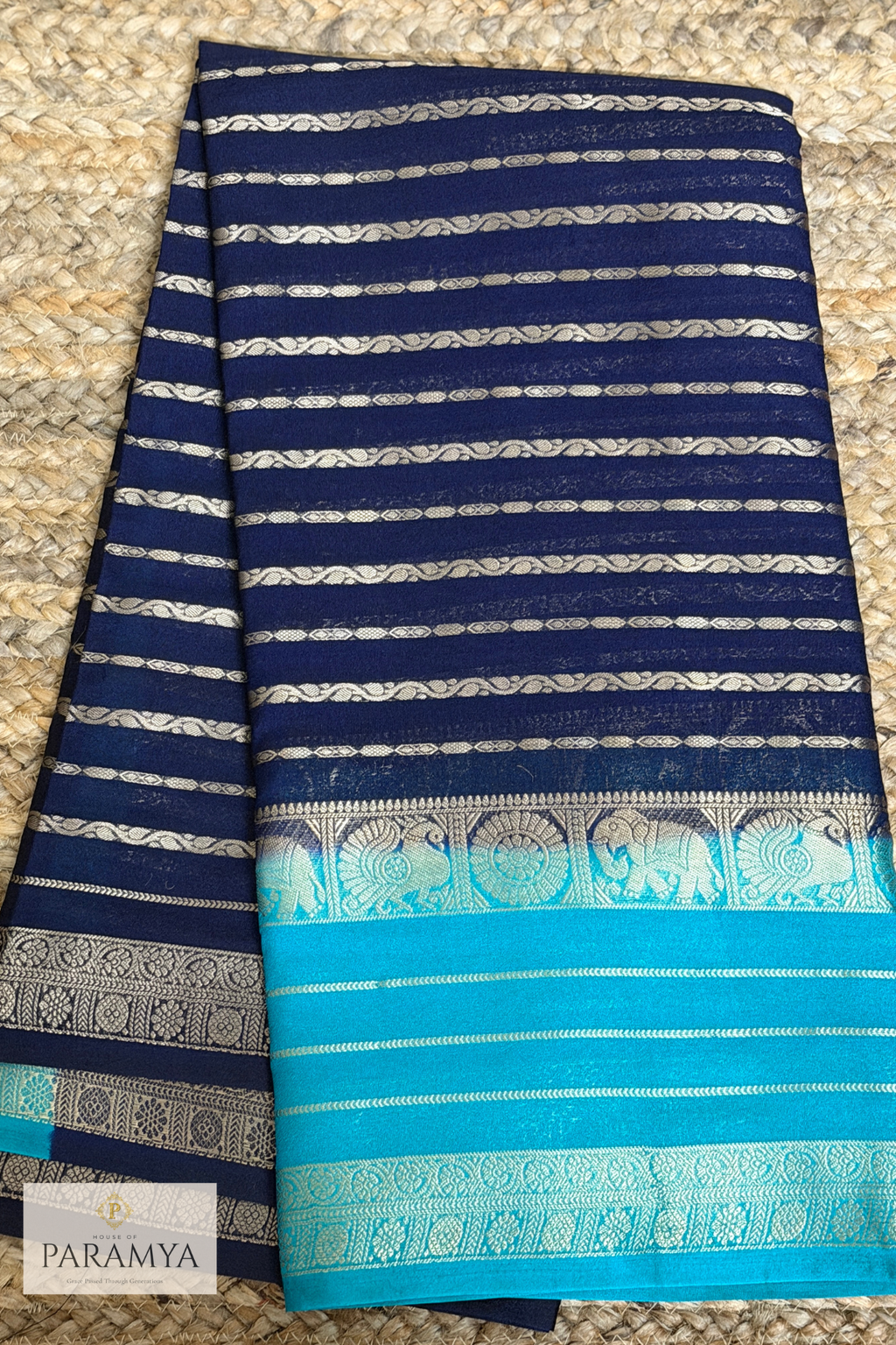Royal Navy Blue and Turquoise green Crepe Silk Saree