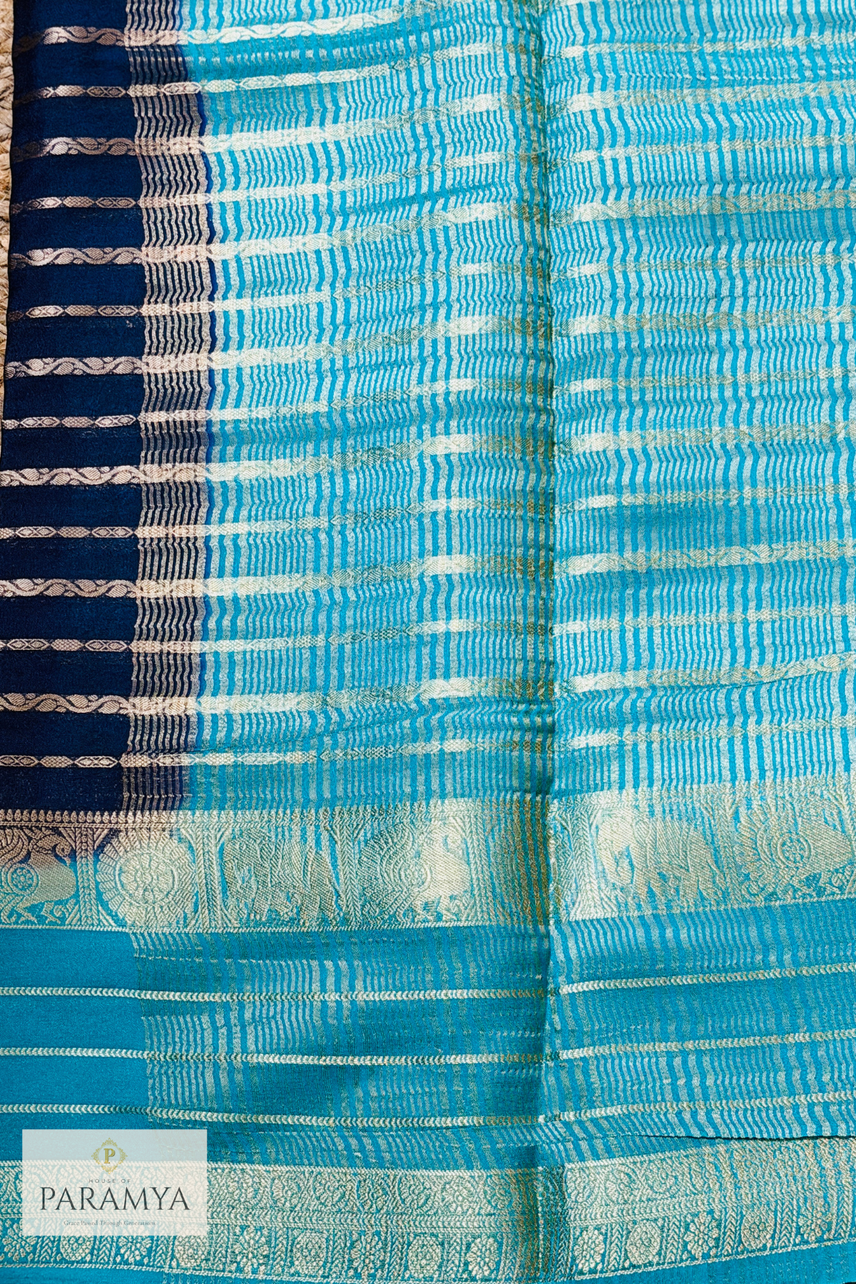Royal Navy Blue and Turquoise green Crepe Silk Saree