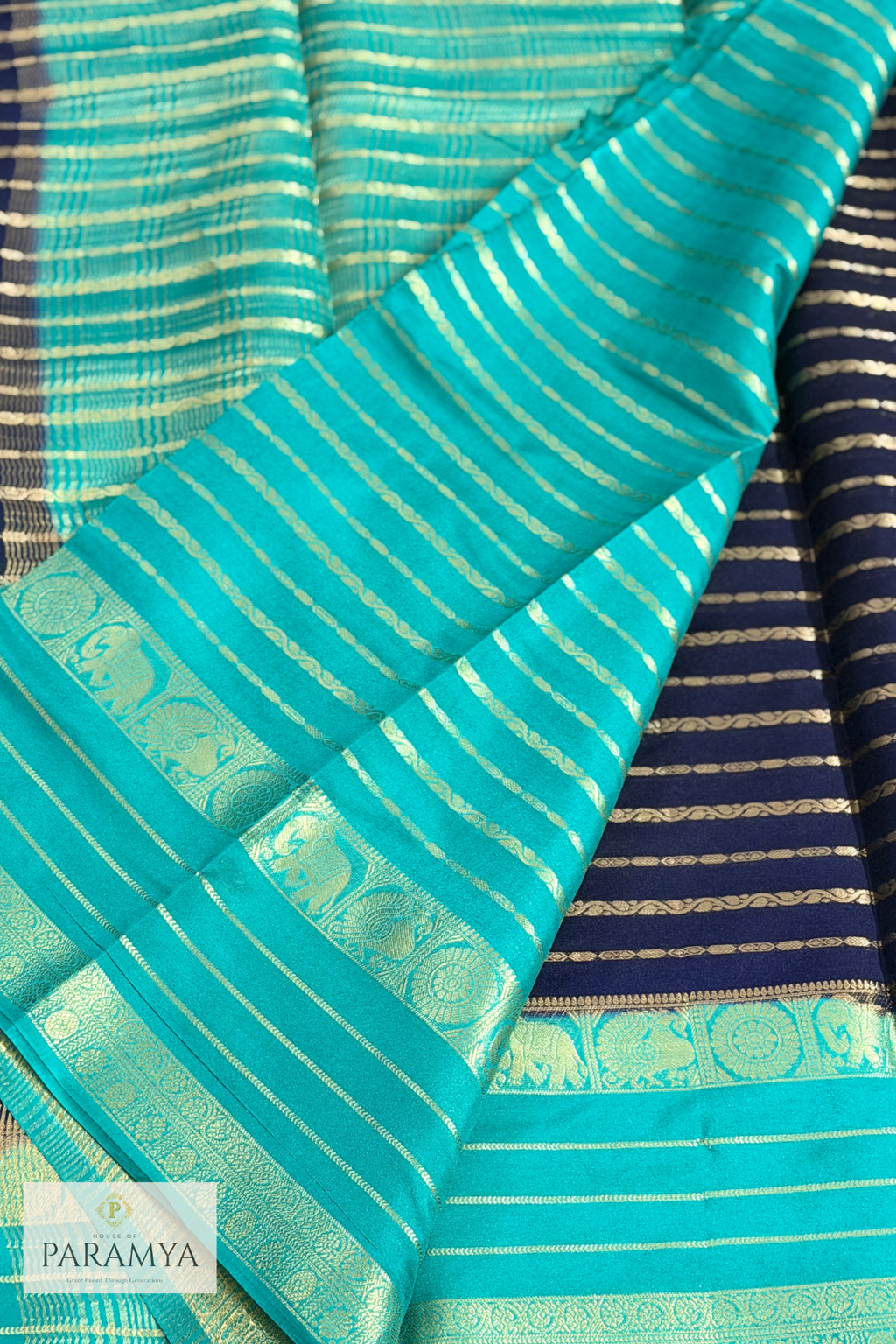 Royal Navy Blue and Turquoise green Crepe Silk Saree