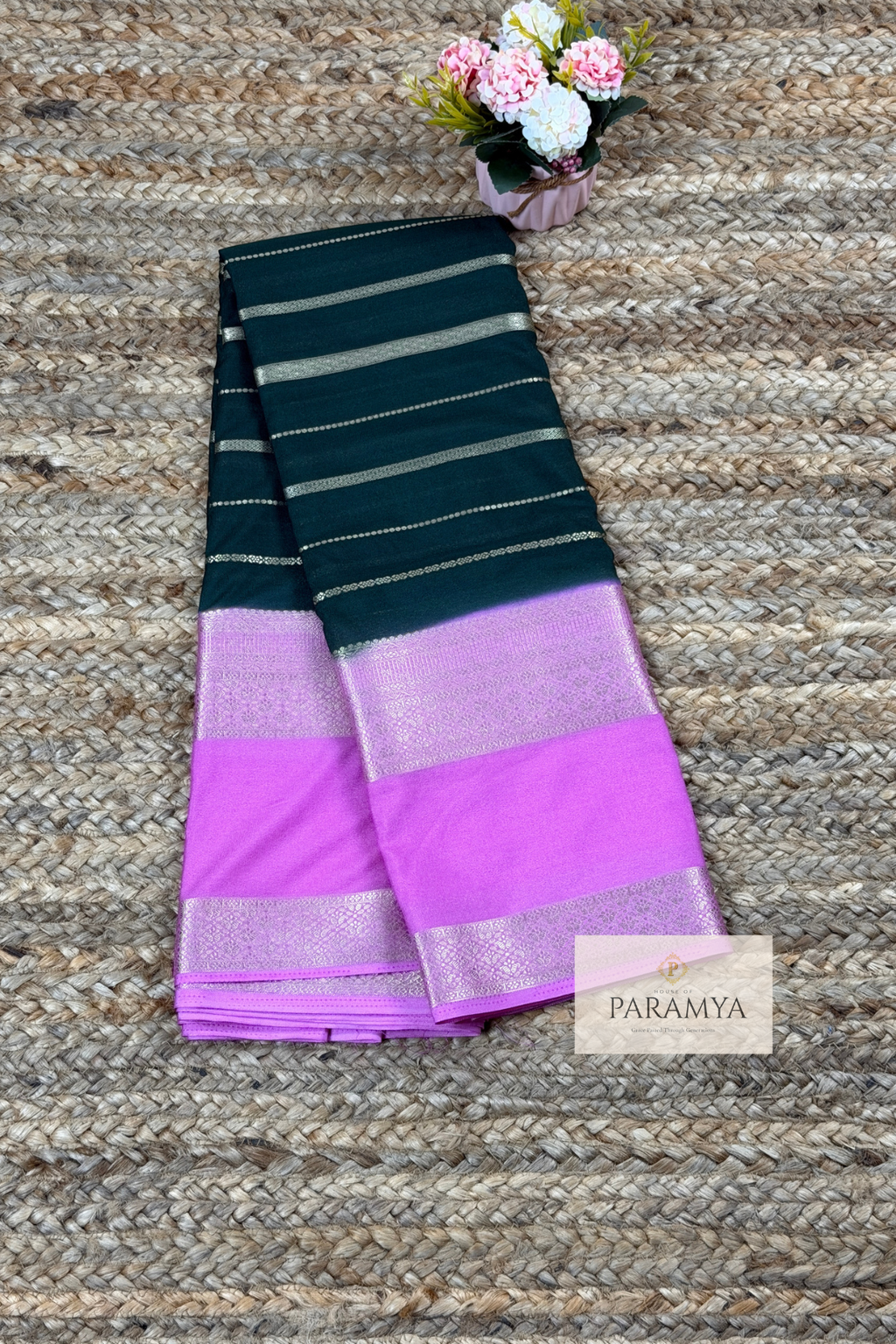 Olive Green Saree with Orchid pink premium Crape Silk