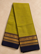 Chettinad Cotton Saree - Olive Green with Navy Blue Gold Zari Border & Striped Pallu