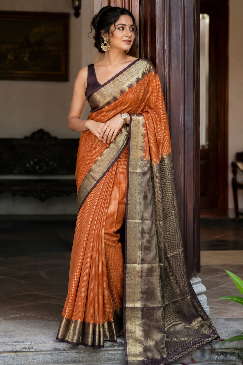 Rust Orange Mysore Crepe Silk Saree with Gold Temple Border