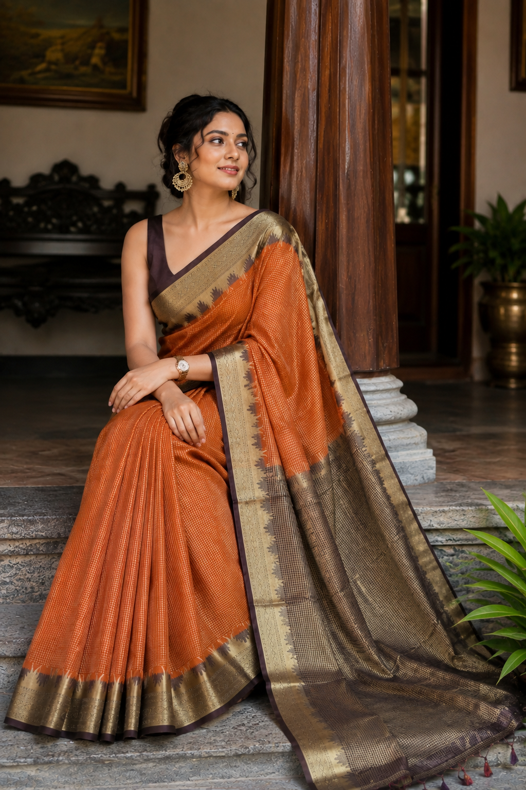 Rust Orange Mysore Crepe Silk Saree with Gold Temple Border