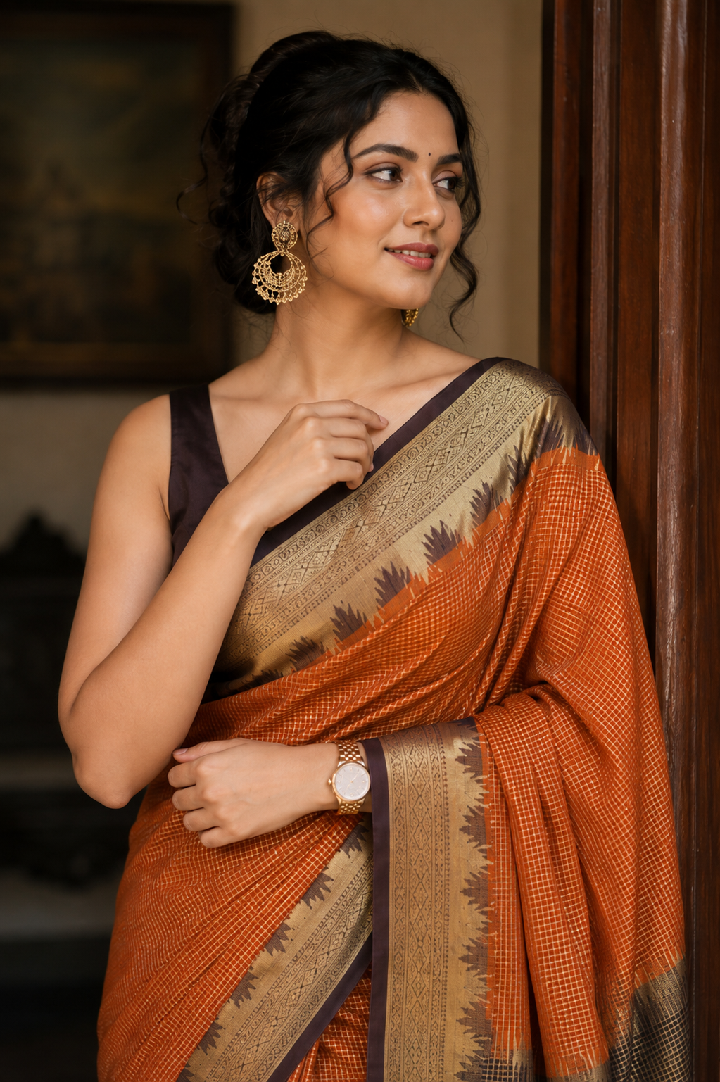 Rust Orange Mysore Crepe Silk Saree with Gold Temple Border
