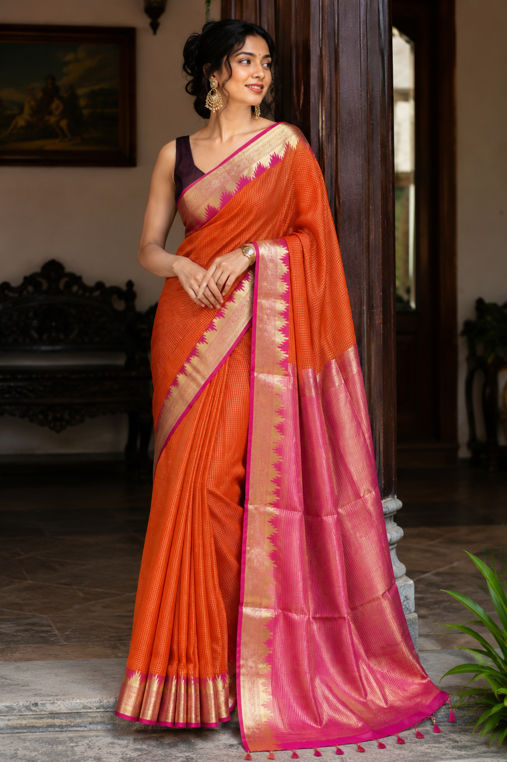 Orange Mysore Crepe Silk Saree with Temple Border & Pink Pallu