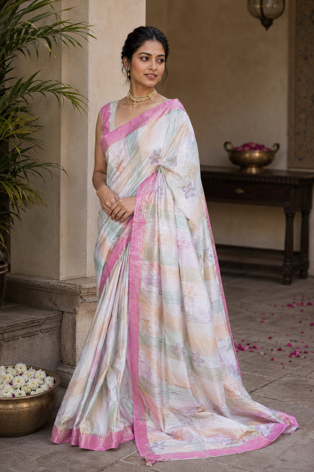 Pastel Multicolor Khadi Silk Saree with Digital Floral Print & Pink Border
