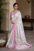 Pastel Multicolor Khadi Silk Saree with Digital Floral Print & Pink Border
