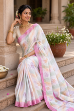 Pastel Multicolor Khadi Silk Saree with Digital Floral Print & Pink Border