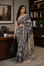 Hand Painted Kalamkari Pitchwai Mul Cotton Saree in Beige & Indigo