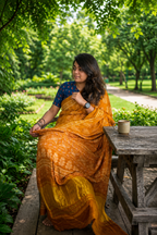 Mustard Ajrakh Print Saree with Gold Zari Border