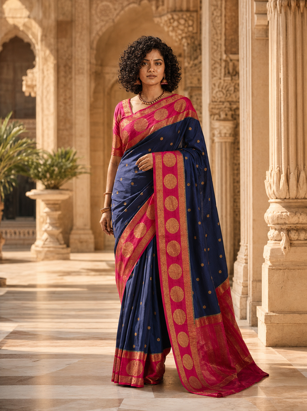 Royal Midnight Blue Georgette Silk Saree with Rani Pink