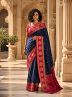 Royal Midnight Blue Georgette Silk Saree with Rani Pink