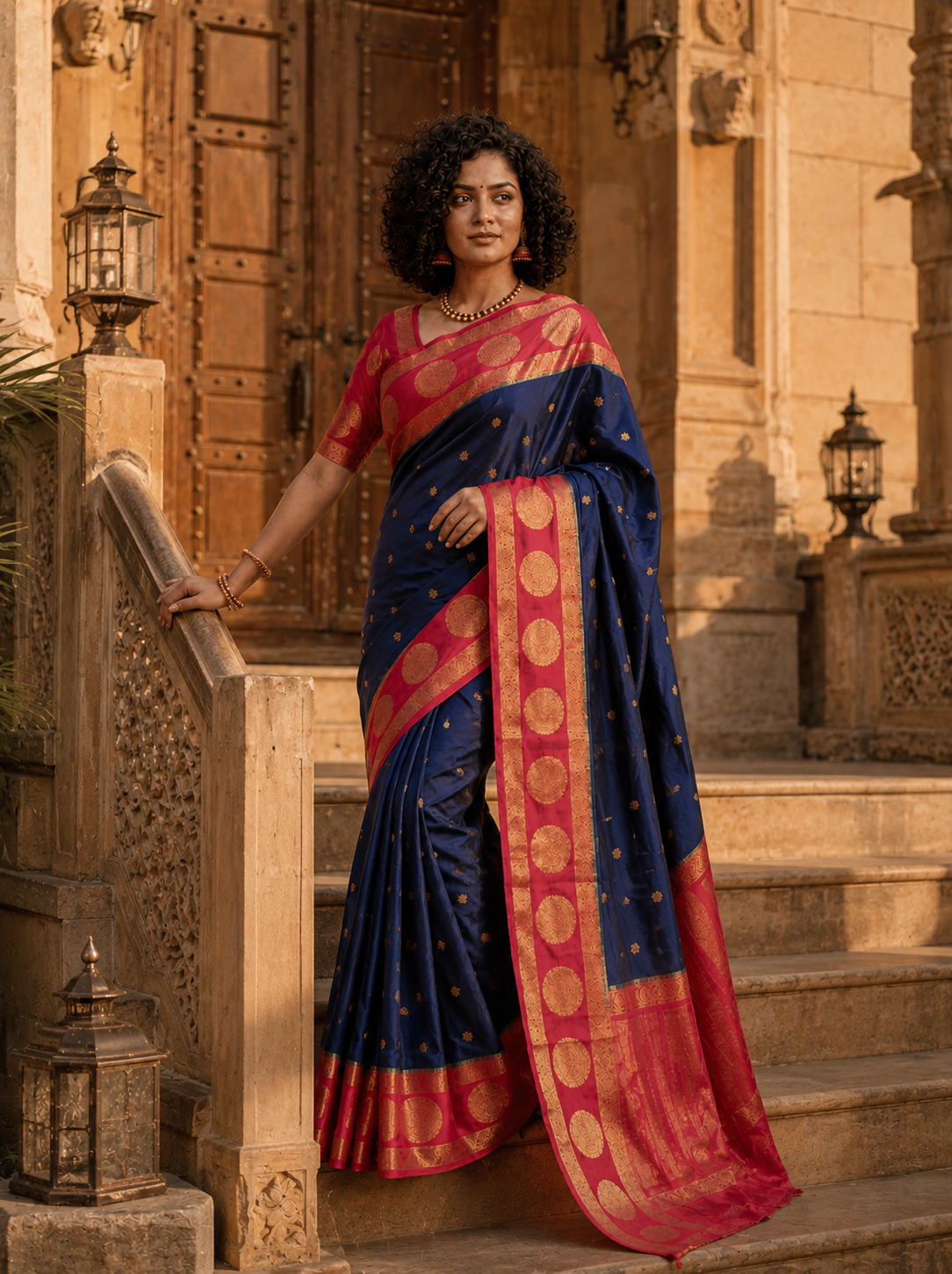 Royal Midnight Blue Georgette Silk Saree with Rani Pink