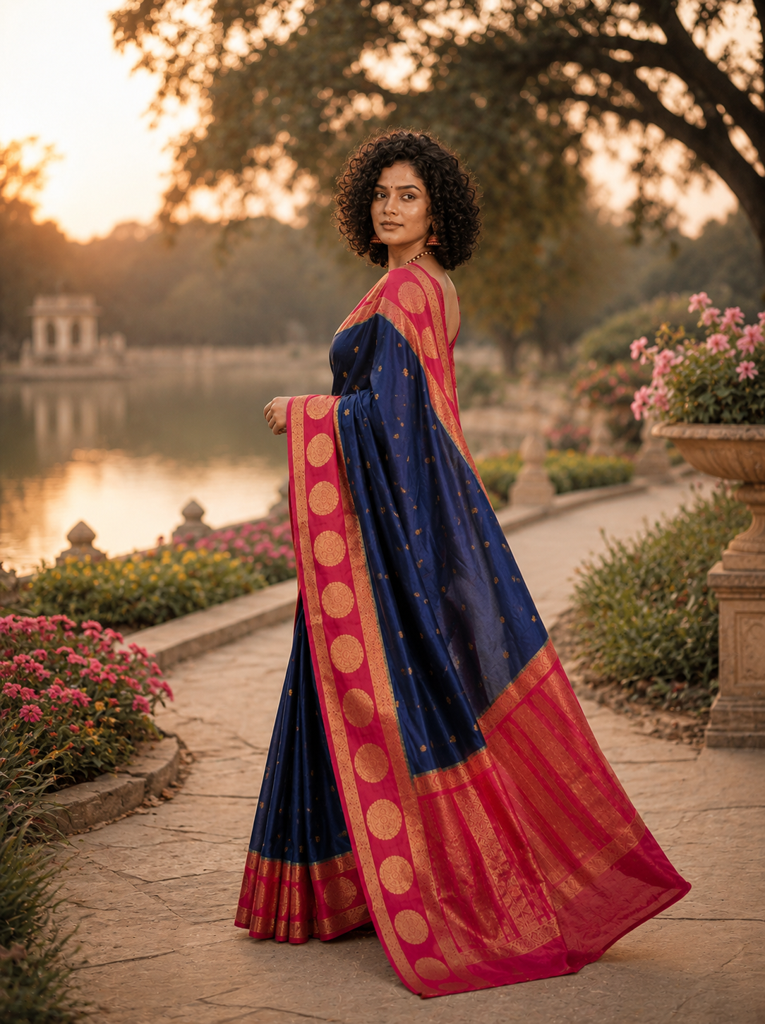 Royal Midnight Blue Georgette Silk Saree with Rani Pink