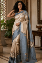 Pure Mysore Silk Saree in Beige and Blue with Floral Print