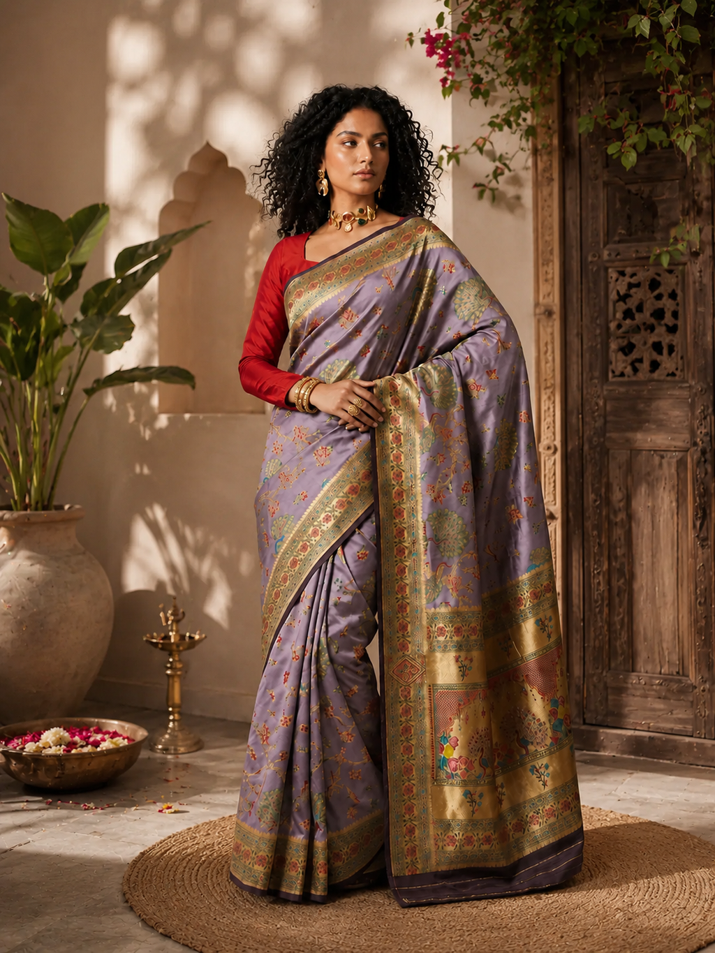 Lavender Pashmina Silk Saree with Peacock Meenakari & Gold Zari Border