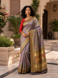 Lavender Pashmina Silk Saree with Peacock Meenakari & Gold Zari Border