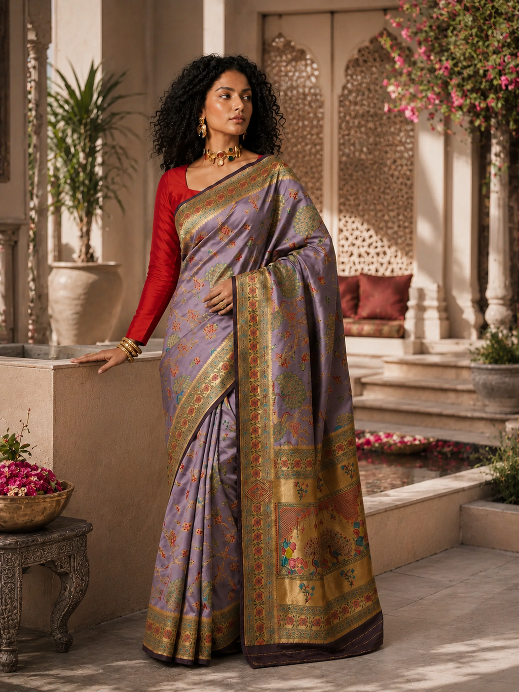 Lavender Pashmina Silk Saree with Peacock Meenakari & Gold Zari Border