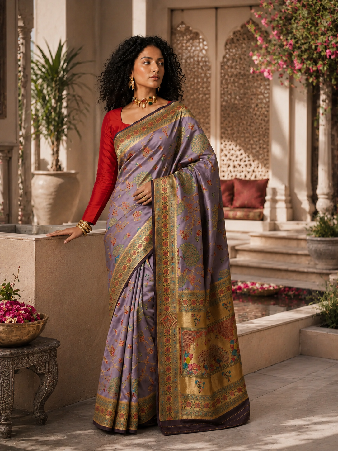 Lavender Pashmina Silk Saree with Peacock Meenakari & Gold Zari Border