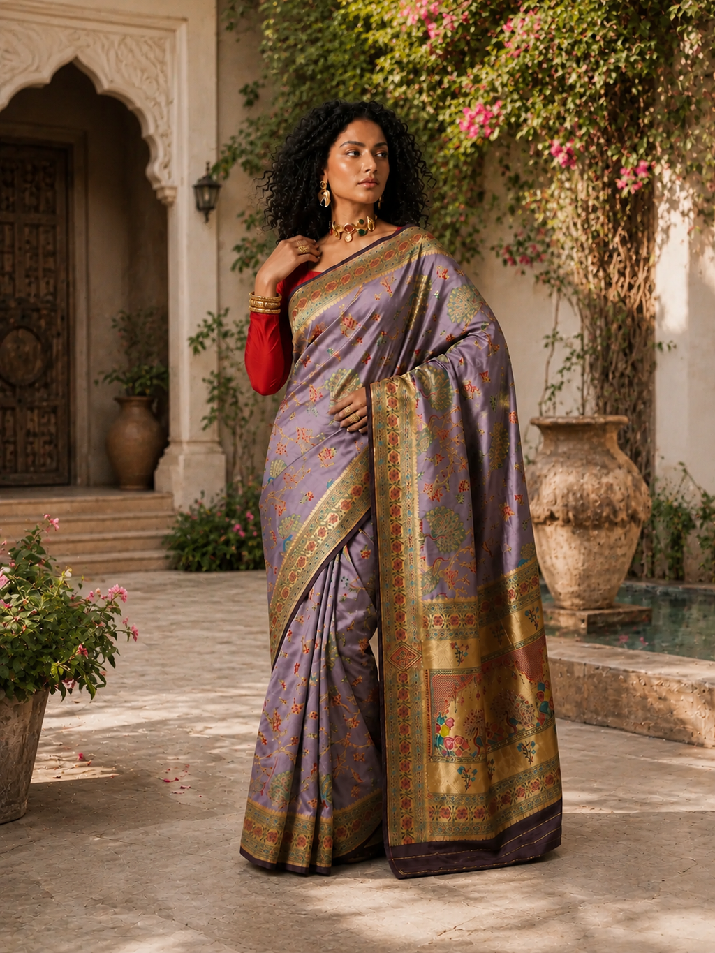 Lavender Pashmina Silk Saree with Peacock Meenakari & Gold Zari Border