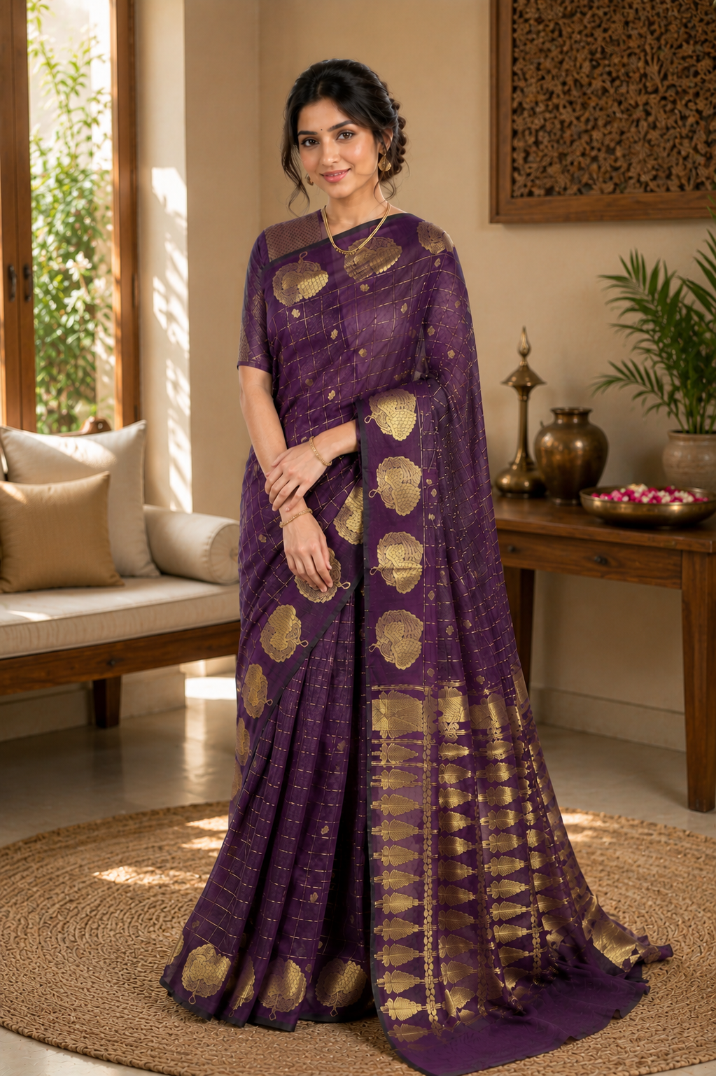 Regal Plum Raw Silk Saree with Gold leaf Zari