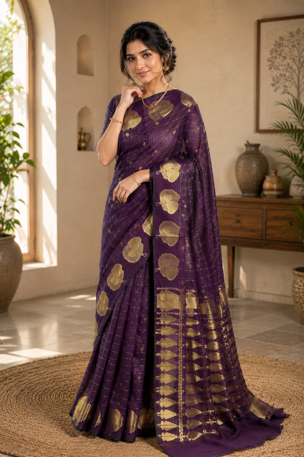 Regal Plum Raw Silk Saree with Gold leaf Zari