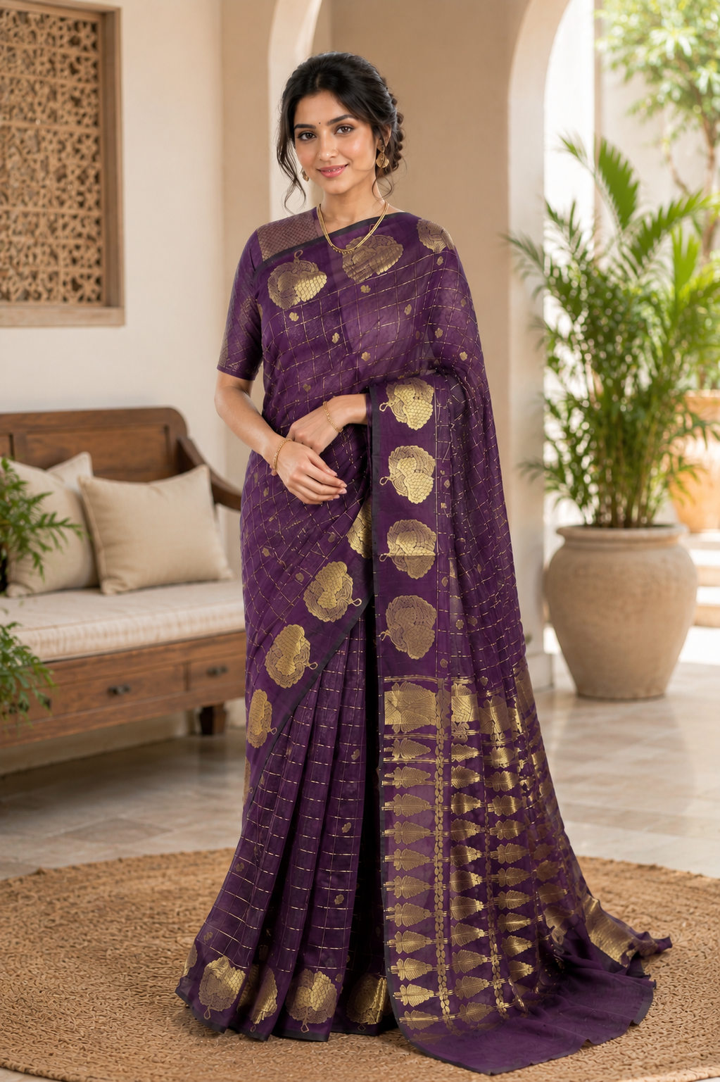 Regal Plum Raw Silk Saree with Gold leaf Zari