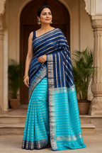 Royal Navy Blue and Turquoise green Crepe Silk Saree