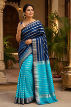 Royal Navy Blue and Turquoise green Crepe Silk Saree