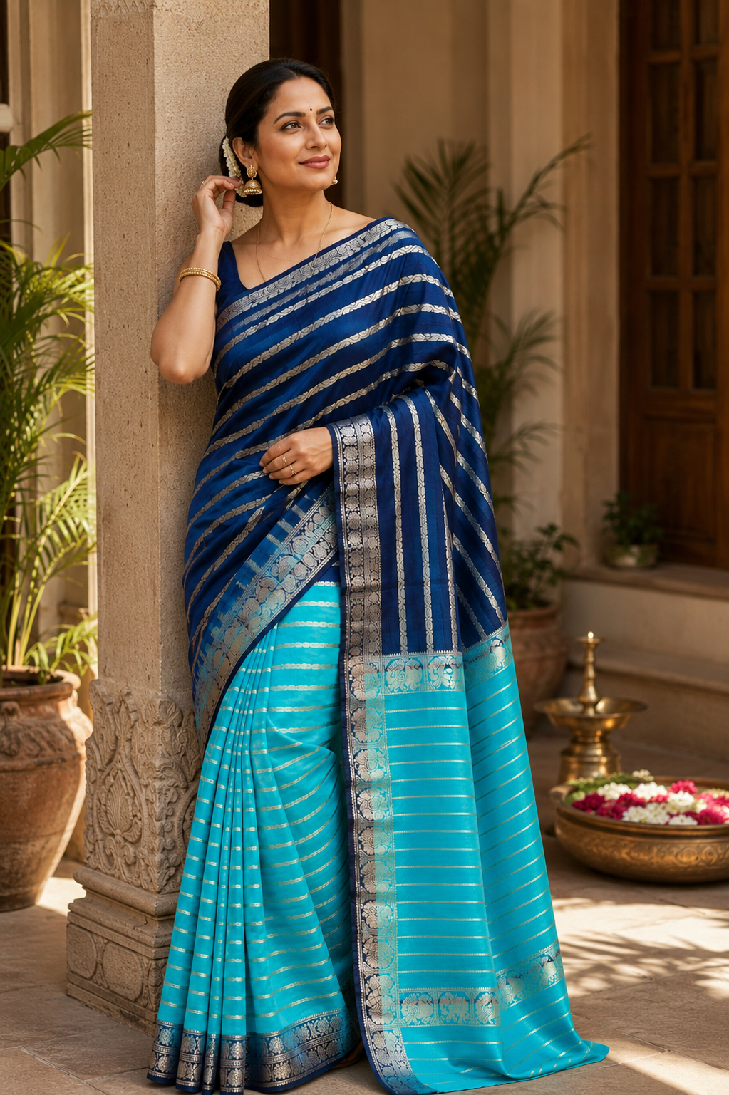 Royal Navy Blue and Turquoise green Crepe Silk Saree