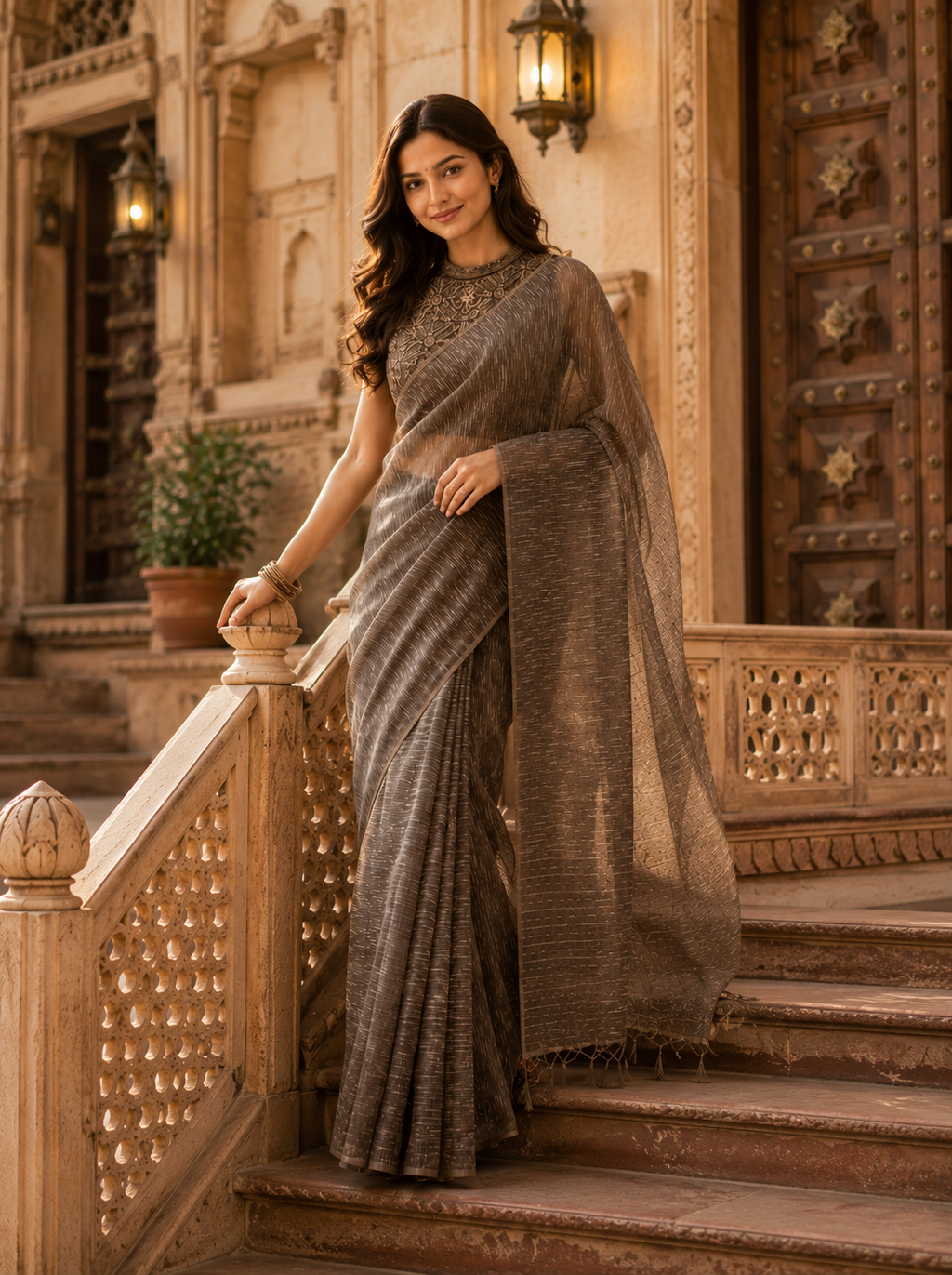 Elegant Brown Designer Tussar Silk Saree