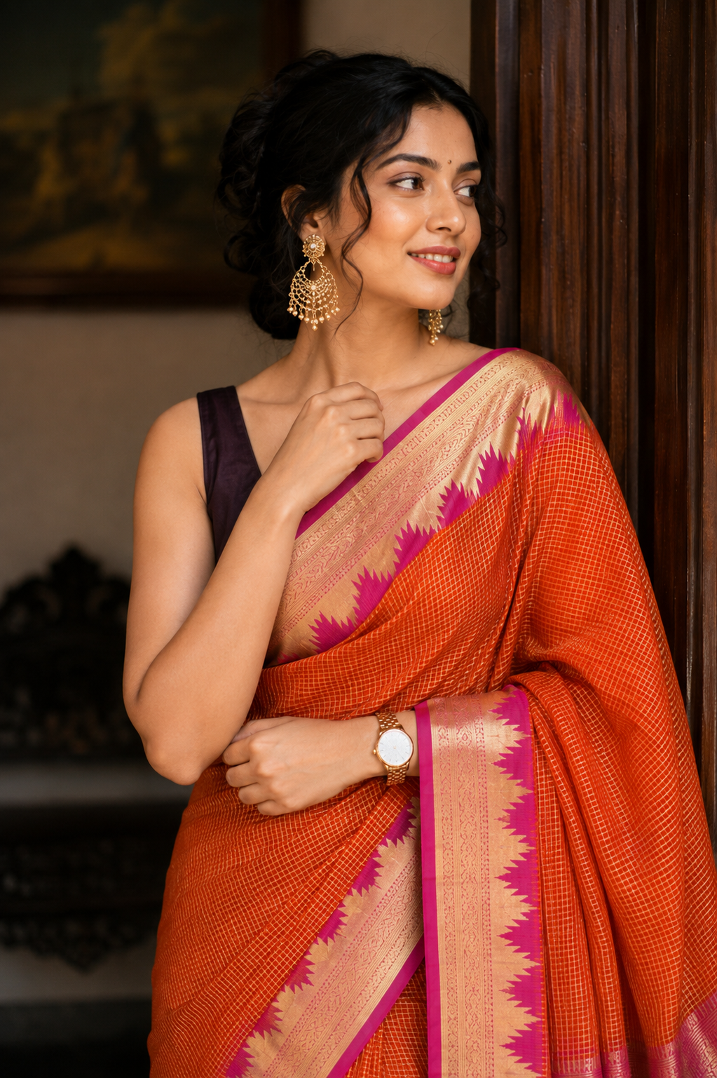Orange Mysore Crepe Silk Saree with Temple Border & Pink Pallu