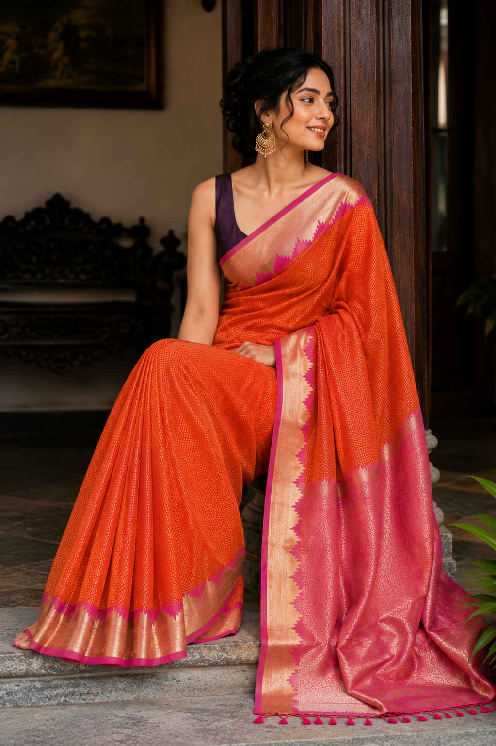 Orange Mysore Crepe Silk Saree with Temple Border & Pink Pallu
