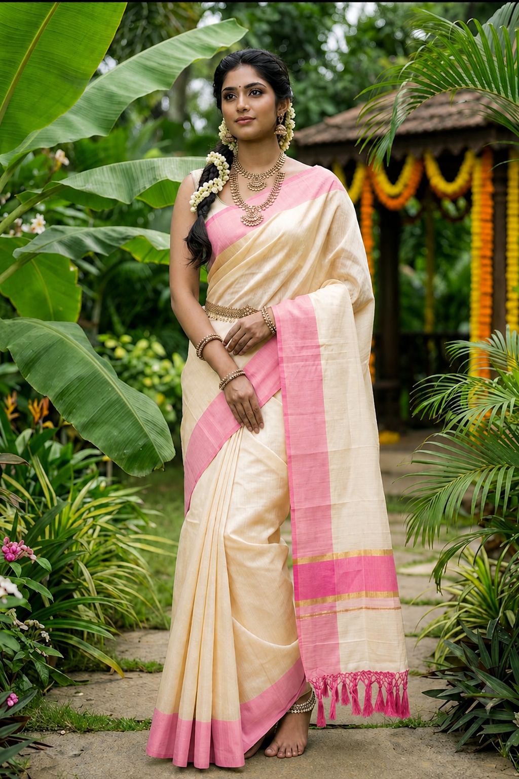Ivory Cotton Kasavu Saree with Sea Green Zari Border