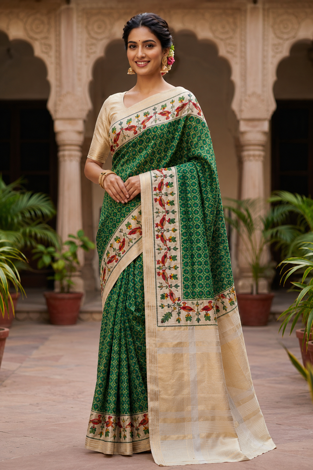 Green Silk Saree with Digital Patola Print & Silver Zari Border
