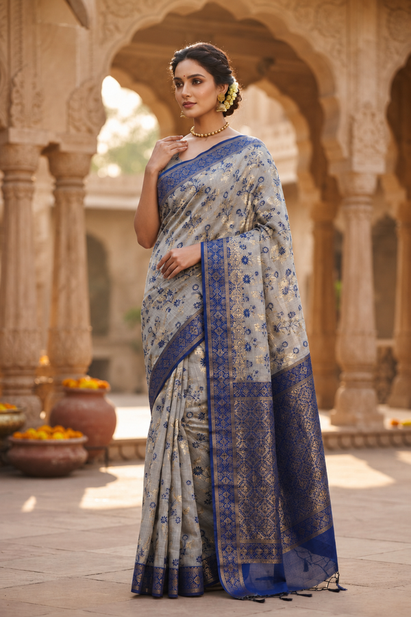Grey Berlin Cotton Silk Saree with Navy-Gold Floral Weave & Zari Border
