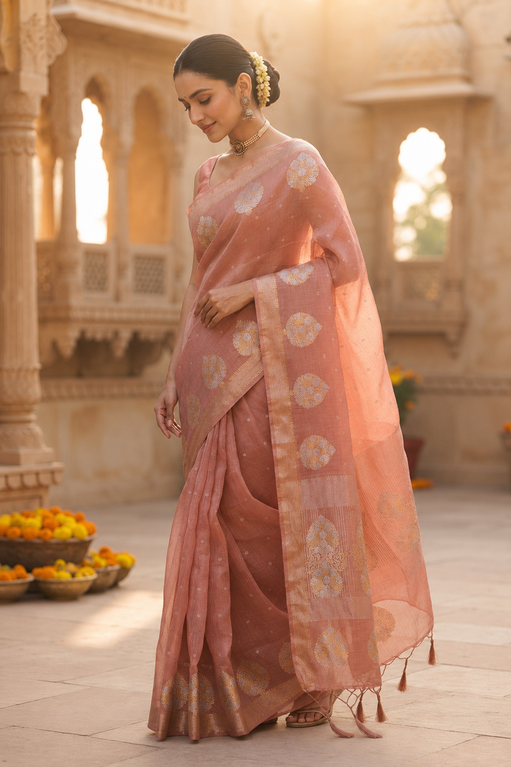 Dusty Peach Organza Saree with Silver-Gold Woven Butti & Zari Border