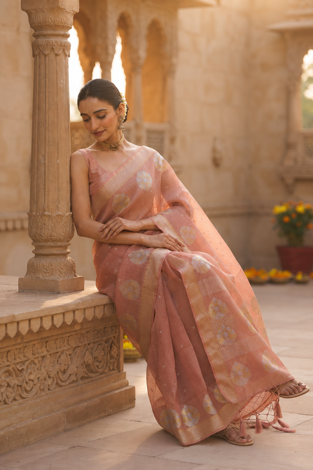 Dusty Peach Organza Saree with Silver-Gold Woven Butti & Zari Border