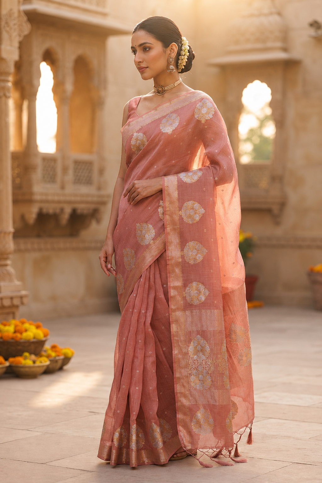 Dusty Peach Organza Saree with Silver-Gold Woven Butti & Zari Border